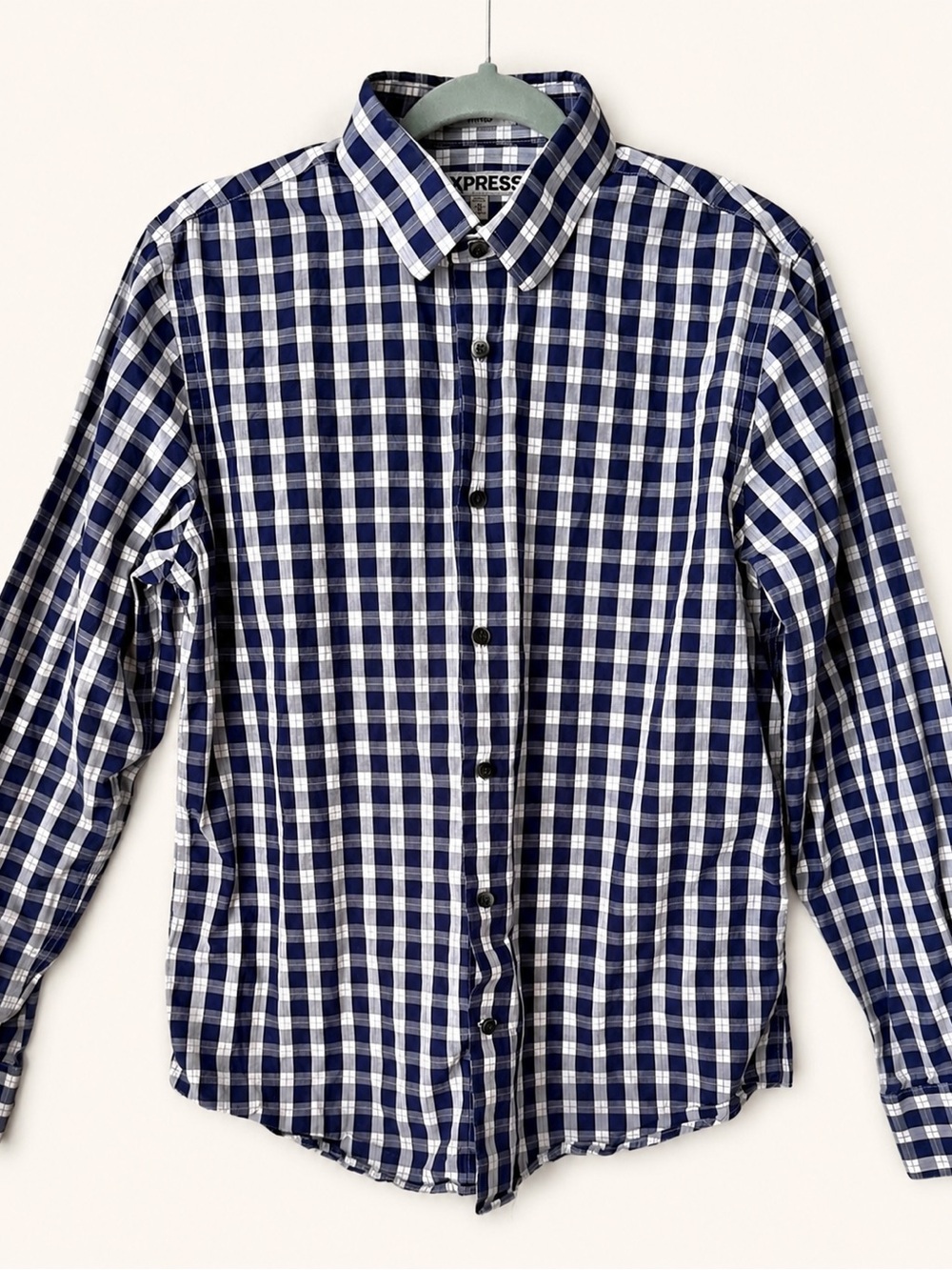 Express Men Blue Gingham Check Fitted Long Sleeve Button Up Shirt Size M 15